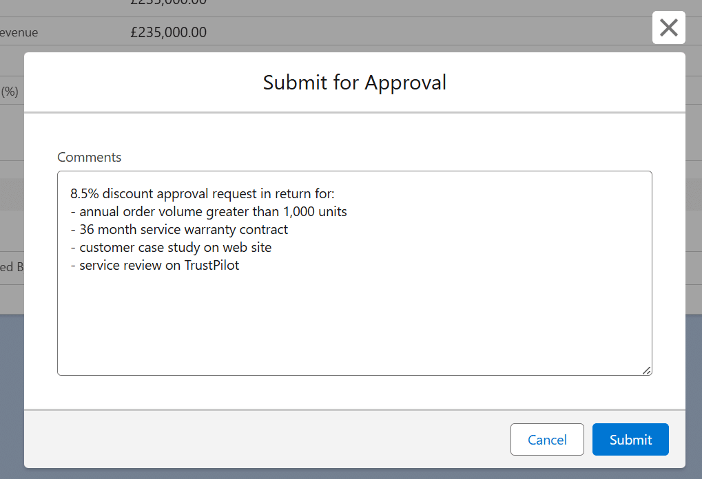 Discount rationale recorded in the approval process commentary box