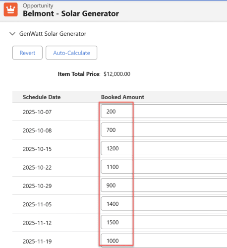 Salesforce screenshot showing custom product schedules on an opportunity.