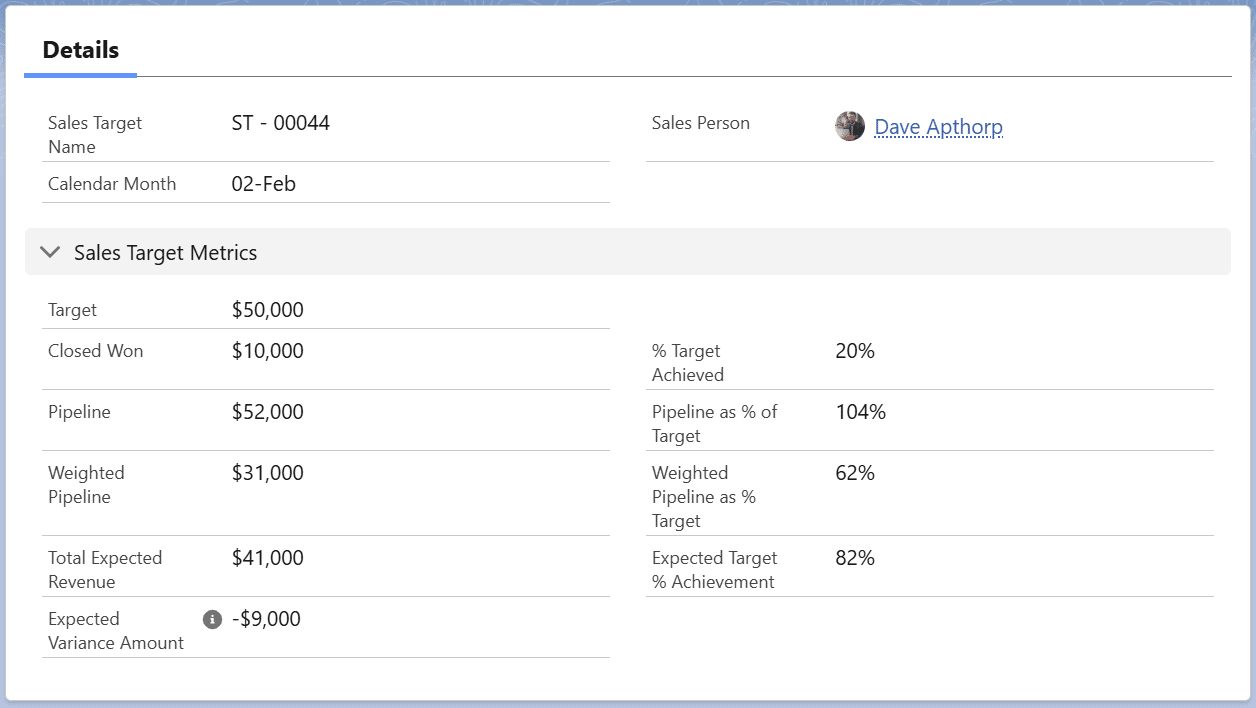 Example of a salesperson sales target record in Salesforce