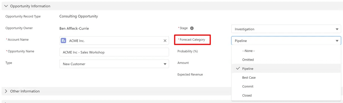 Showing how to update the Forecast Category on an opportunity in Salesforce.