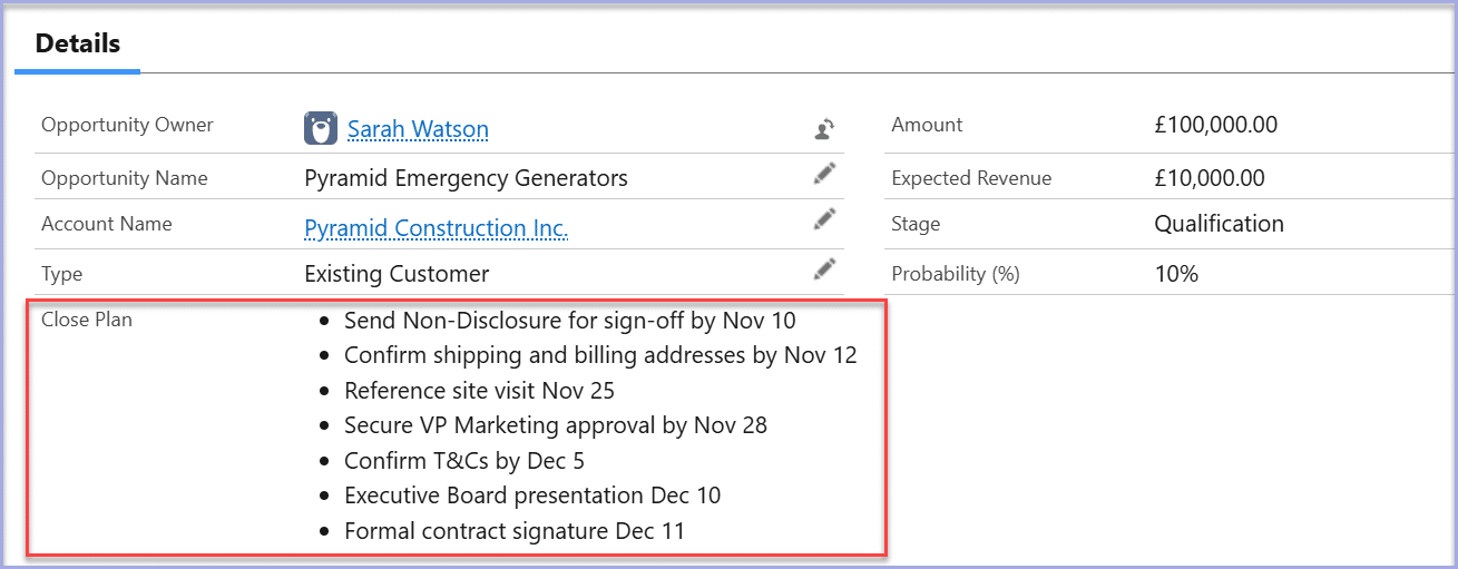 Example of a deal Close Plan in Salesforce